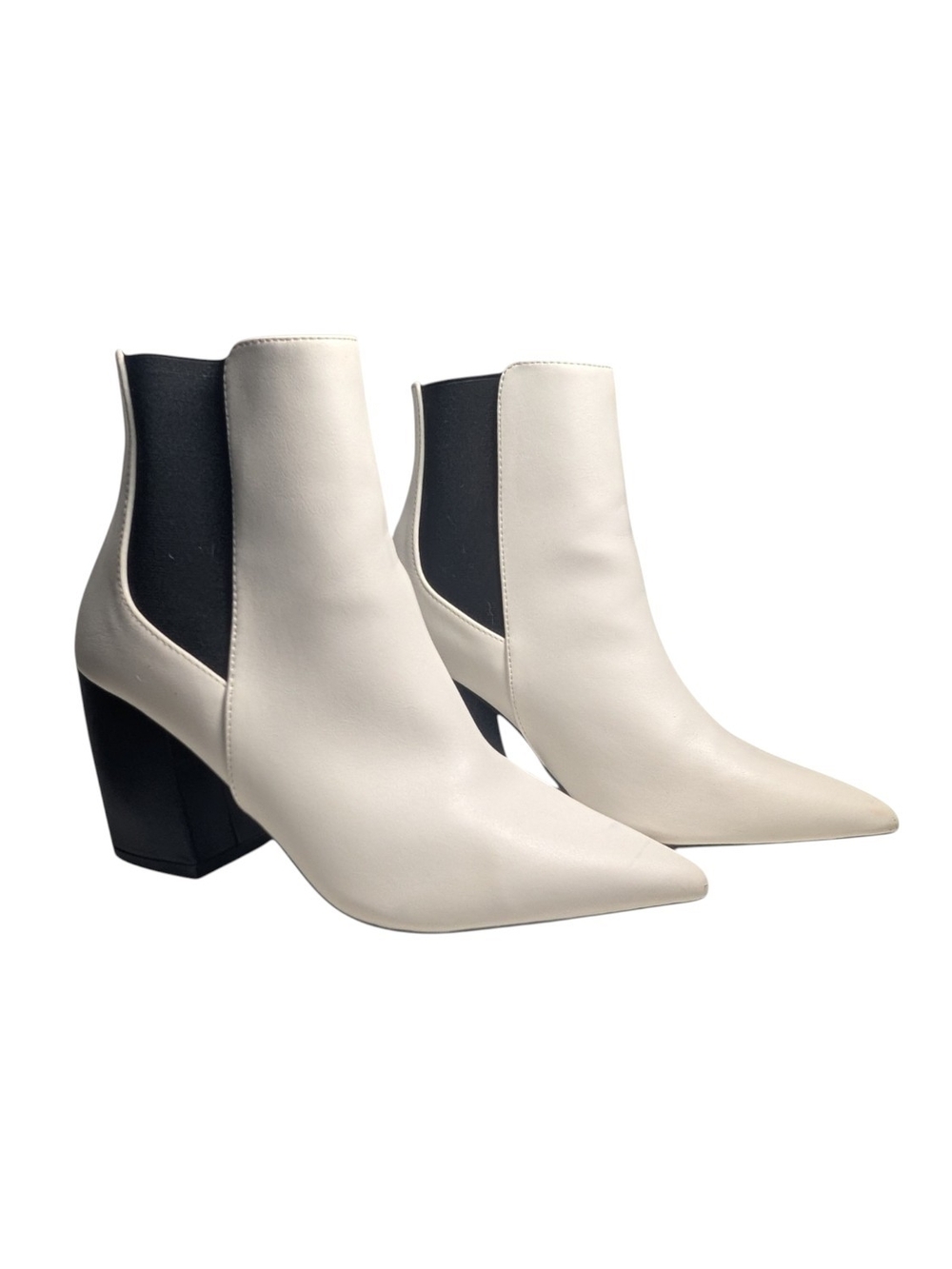 Lulu's Cream Pointed Toe Block Heel Chelsea Booties
